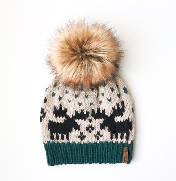 READY TO SHIP | Knit Beanie | Moose Beanie | Faux Fur Pom  display picture 2