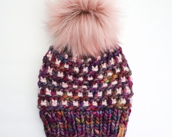 VERSANDFERTIG | Luxus Strickmütze | 100% Merinowolle | Erwachsenengröße Strickmütze | Urlaub Geschenk | Weihnachtsgeschenk |  Handgefertigtes Geschenk | Lila & Pink