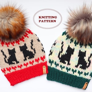 May include: Two knitted hats with black cat silhouettes and pom poms. One hat is red, white, and beige with a brown pom pom. The other hat is green, white, and beige with a grey pom pom. The hats have "KNITTING PATTERN" written on a white oval in the background.
