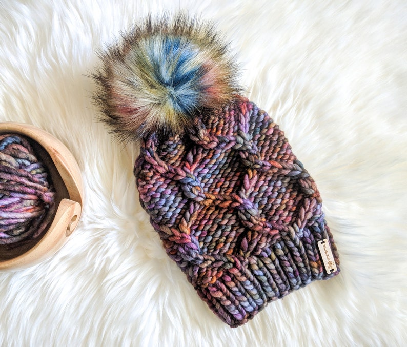 Adult Size Knit Hat Winter Hat Malabrigo Rasta Luxury Knit Beanie Twist of Fate Beanie Fur Pom Pom Piedras 100/% Merino Wool