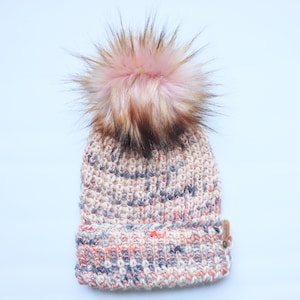 READY TO SHIP | Knit Beanie | Light Weight Hat | Faux Fur Pom Pom | Adult Size Knit Hat | Handmade Gift | Colorado & Pink