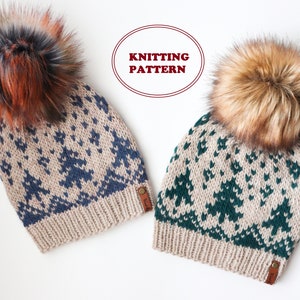 May include: Two knitted winter hats with pom poms. One hat has a blue and beige pattern with a brown pom pom. The other hat has a green and beige pattern with a brown pom pom. Both hats have a leather tag with the word "Knit" on it.