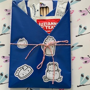 May include: A blue envelope-style package tied with pink and orange twine, decorated with four black and white stickers of a pumpkin, a drink, a slice of pie, and a hedgehog. Inside are packets of Cameron's coffee, Sadoer aloe vera, and Luzianne tea.