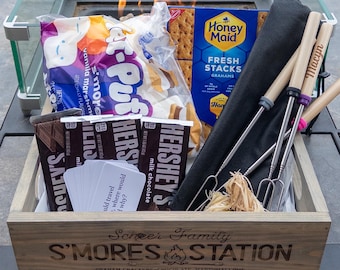 Personalized Family S’mores Gift Box, Campfire Gift Set, Wooden Keepsake Crate, Family Gift, Roasting Stick Gift, Custom Family Gift Box
