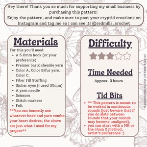May include: A printable crochet pattern for a cryptid creature. The pattern includes a list of materials, difficulty level, and estimated time to complete. The text reads "Welcome Note", "Materials", "Difficulty", "Time Needed", and "Tid Bits".