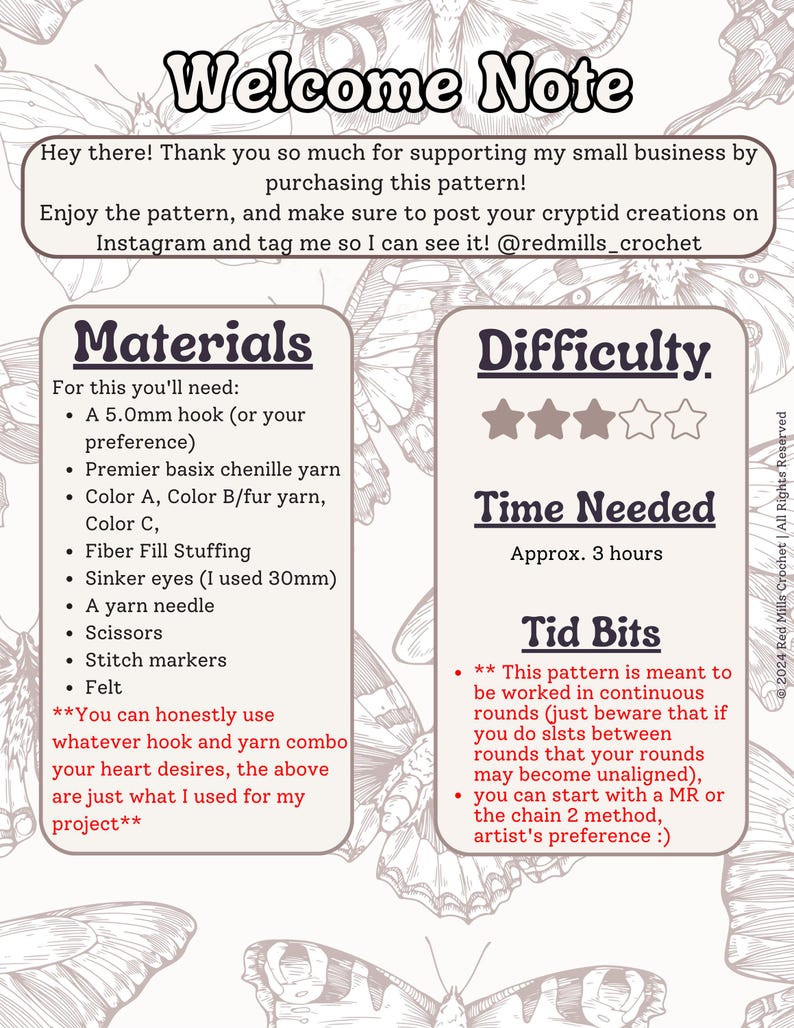 May include: A printable crochet pattern for a cryptid creature. The pattern includes a list of materials, difficulty level, and estimated time to complete. The text reads "Welcome Note", "Materials", "Difficulty", "Time Needed", and "Tid Bits".