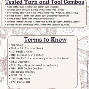 May include: A chart with a list of yarn and tool combinations for crocheting, along with a list of crochet terms and their abbreviations. The chart is decorated with a butterfly graphic.