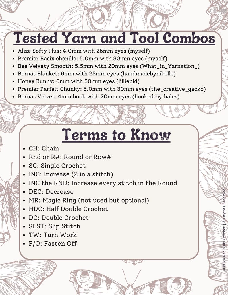 May include: A chart with a list of yarn and tool combinations for crocheting, along with a list of crochet terms and their abbreviations. The chart is decorated with a butterfly graphic.