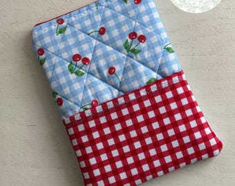 Blue and Red Gingham Cherry Kindle Sleeve - Padded Reader Case