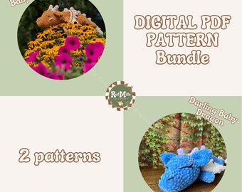 May include: Digital PDF pattern bundle for crocheting two sleeping baby dragons. One dragon is brown and the other is blue. The text "OG Sleepy Baby Dragon" and "Darling Baby Dragon" are visible in the image. The text "DIGITAL PDF PATTERN Bundle" and "2 patterns" are also visible in the image.