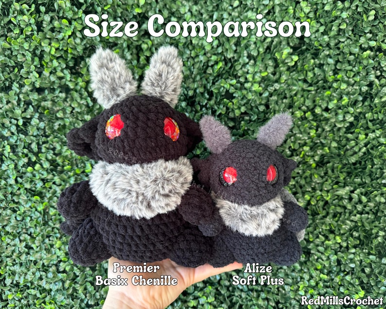 May include: Size comparison of two crocheted plush toys. The larger toy is black with gray fur and red eyes, labeled "Premier Basic Chenille". The smaller toy is black with gray fur and red eyes, labeled "Alize Soft Plus".