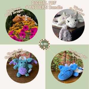 May include: A digital PDF pattern bundle for crocheting four different baby dragon amigurumi toys. The bundle includes patterns for a sleepy baby dragon, a chubby dragon, a darling baby dragon, and a Winnie the dragon.