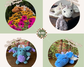 May include: A digital PDF pattern bundle for crocheting four different baby dragon amigurumi toys. The bundle includes patterns for a sleepy baby dragon, a chubby dragon, a darling baby dragon, and a Winnie the dragon.