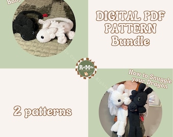 May include: A digital PDF pattern bundle for crocheting two plush dragon toys. The bundle includes instructions for making a black dragon and a white dragon. The image shows the finished crocheted dragons.