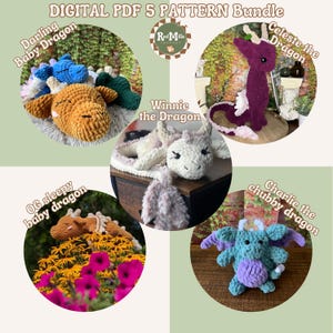 May include: A digital PDF pattern bundle for crocheting five different dragon amigurumi toys. The bundle includes patterns for a sleeping baby dragon, a chubby dragon, a standing dragon, a curled-up dragon, and a dragon with a long tail.