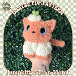 May include: A crocheted plush toy cat with peach-colored fur, white pants, and a white hat with a green leaf. The image includes the text "DIGITAL PDF PATTERN" and "Pumpkitty Mix-n-Match".