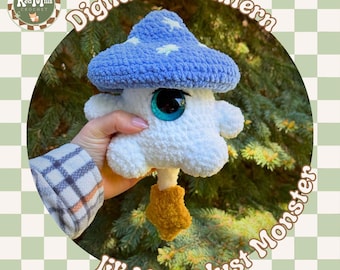 May include: A handmade crochet "lil' Moondust Monster" plushie. The whimsical creature features a blue mushroom cap with white stars, large blue eyes, and a fluffy white body. The text "Digital PDF Pattern" and "Red Mills Crochet" are visible.
