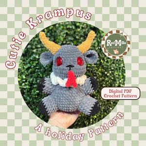 May include: A crocheted Krampus doll with gray body, yellow horns, and red eyes. The doll has a white collar and a red tongue. Text on the image reads "Cutie Krampus" and "A holiday Pattern". A digital PDF crochet pattern.