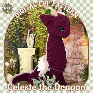 May include: A crochet pattern for a plush purple dragon named Celeste. The pattern is available as a digital PDF download. The dragon is sitting on a stone wall with green plants in the background.