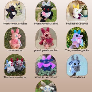 May include: A collage of nine crocheted plushies in various colors and designs. The plushies are all different animals, including a dragon, a bunny, and a butterfly. The plushies are all made with different types of yarn and have different textures. The plushies are all very cute and cuddly.