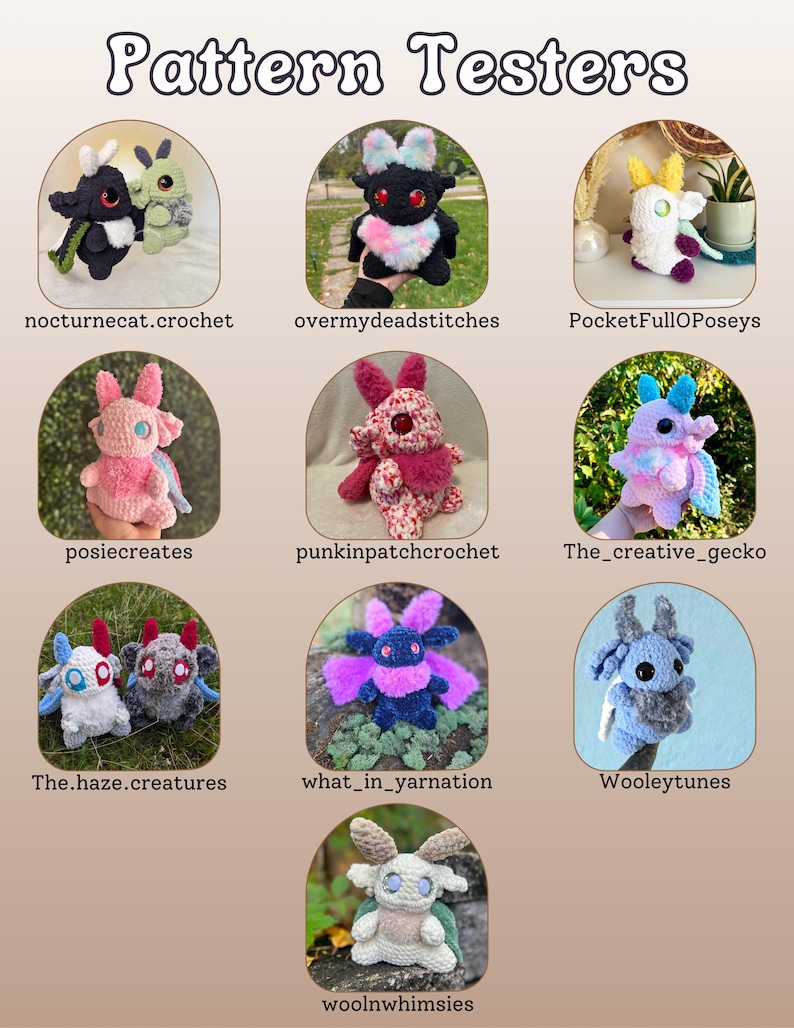 May include: A collage of nine crocheted plushies in various colors and designs. The plushies are all different animals, including a dragon, a bunny, and a butterfly. The plushies are all made with different types of yarn and have different textures. The plushies are all very cute and cuddly.