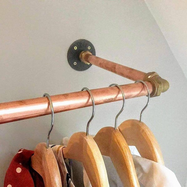 Copper pipe and brass vintage wall mounted clothes rail