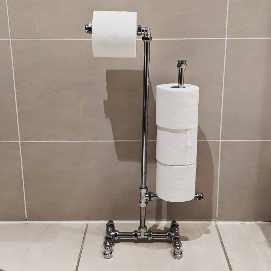 Freestanding Industrial Chrome Pipe Toilet Roll Holder and 