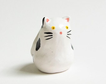 Little White and Black Spotted Ceramic Cat Figurine - Miniature Cat - Plant Accessory - Desk Object