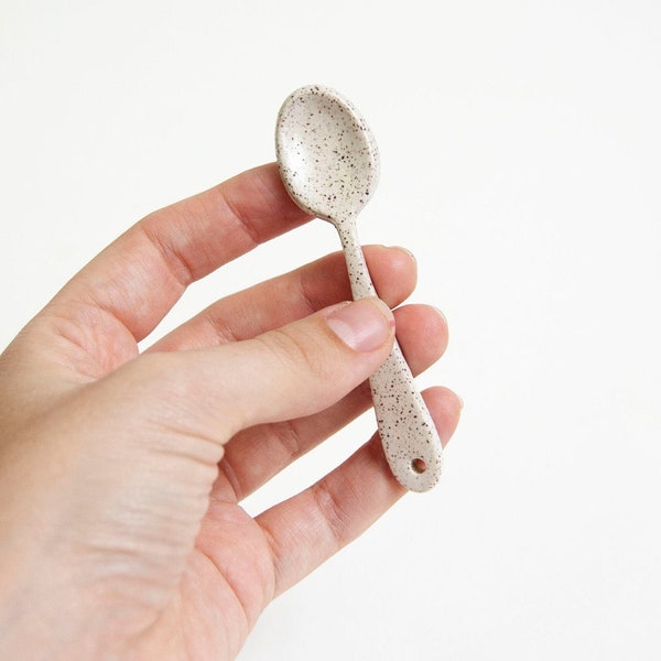 Mini Speckled Spoon - Handmade Spoon - Ceramic Spoon - Sugar Spoon - Stoneware - Imperfect Spoon - Matte White