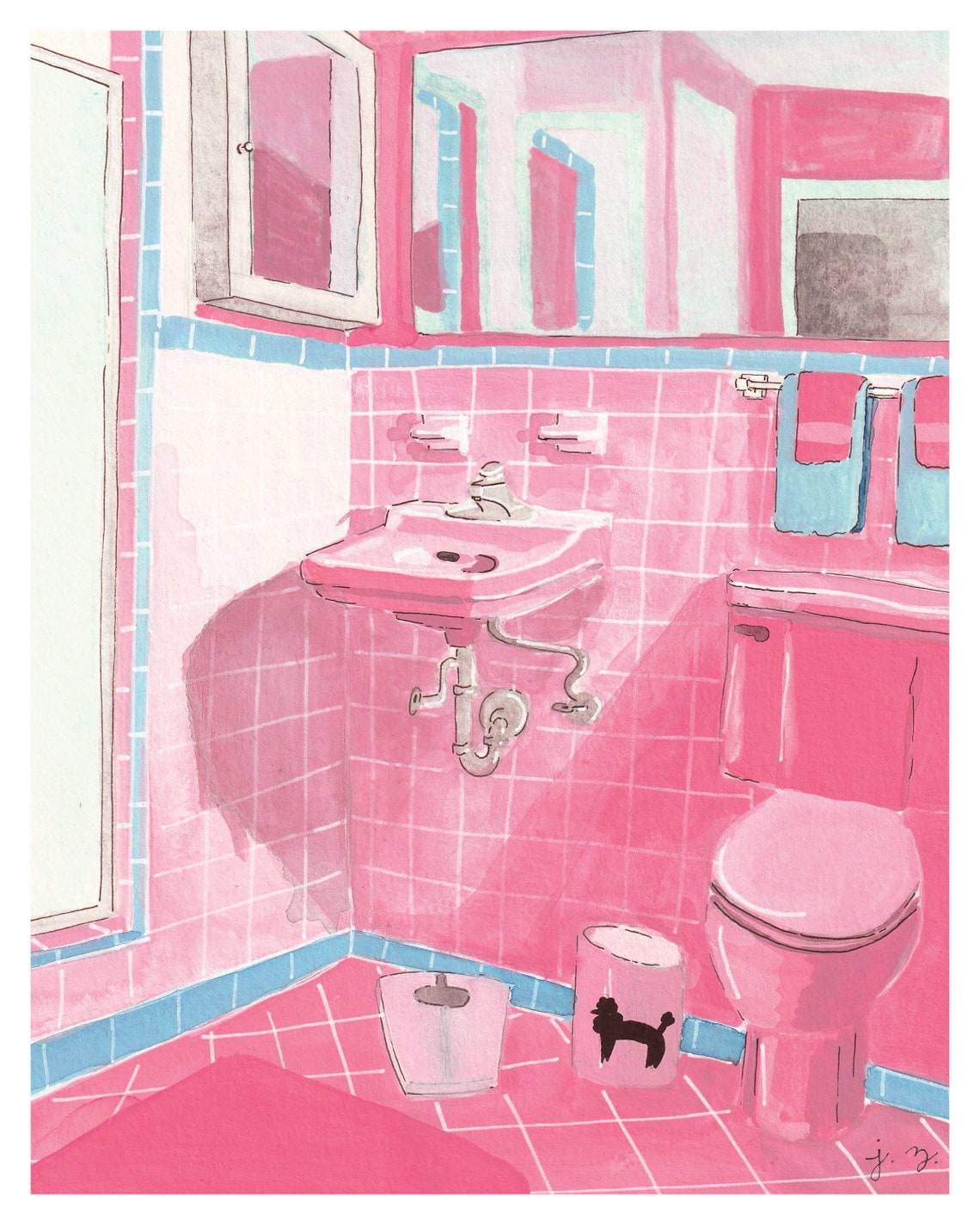 Vintage Pink Bathroom Wall Art Print 8x10 Watercolor Gouache - Etsy
