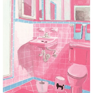 Vintage Pink Bathroom Wall Art Print - 8x10 Watercolor Gouache Painting - Nursery Decor - Kids Room Art - Illustration