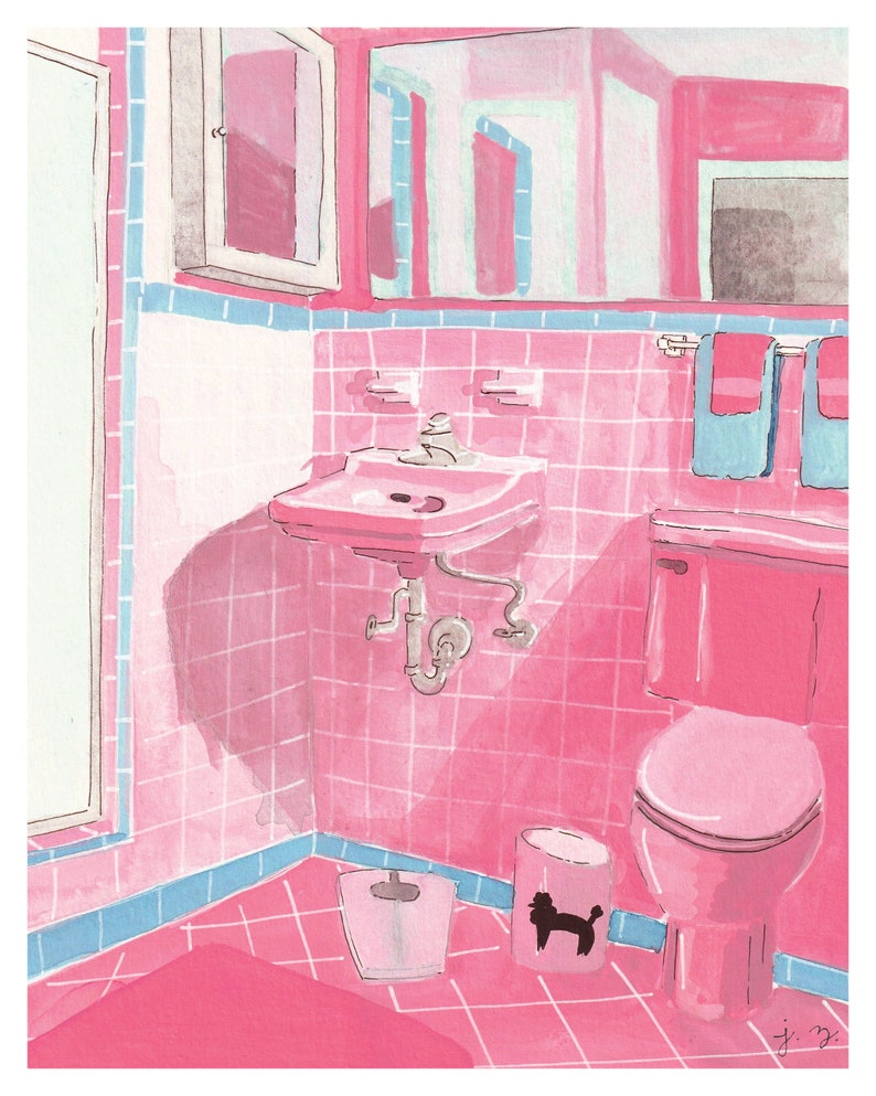 Vintage Pink Bathroom Wall Art Print 8x10 Watercolor Gouache Etsy