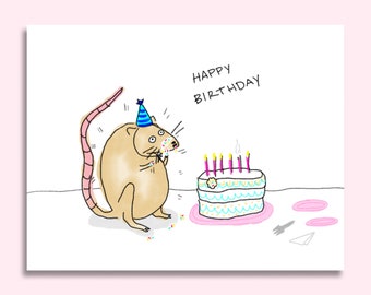 Happy Birthday Card - Funny Card - HBD Colorful Greeting Card - Party Rat Card - Rat Mom - Rat Dad - Cute Illustrated Card