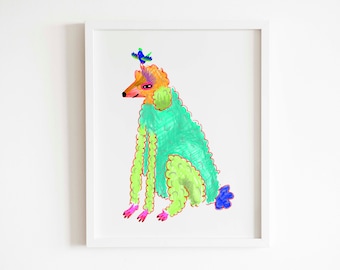 Poodle and Bird Art Print  - 8x10 Illustration - Living Room or Kid's Nursery Wall Decor - Girls and Boys - Multicolor