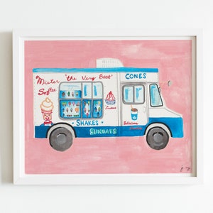 Mr. Softee Ice Cream Truck Wall Art Print - 8x10 Watercolor Gouache Painting - Nursery Decor - Kids Room Art - Illustration - Pink and Blue