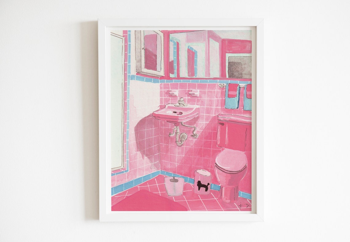 Vintage Pink Bathroom Wall Art Print 8x10 Watercolor Gouache - Etsy