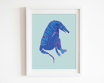 Striped Dog Art Print - 8x10 Illustration - Unique Living Room or Kid's Nursery Wall Decor - Girls and Boys - Blue