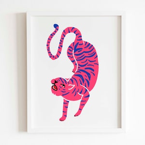 Tiger Art Print - 8x10 Illustration - Living Room or Kid's Nursery Wall Decor - Boys and Girls - Pink and Blue