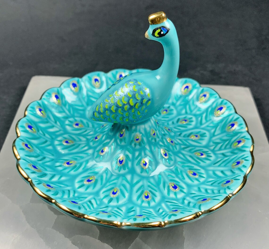 Peacock ring dish ceramic jewelry storage hand painted Etsy