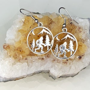 Bigfoot forest run earrings, nighttime cryptid handmade jewelry, yeti charms, Colorado souvenir, Sasquatch fan gift