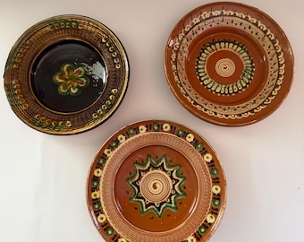 Set of 3 Vintage Romanian Oboga Folk Art Plates – Marin Gungulescu Heritage Pottery