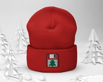 Gorro con puños en forma de disquete con árbol de Navidad de 8 bits