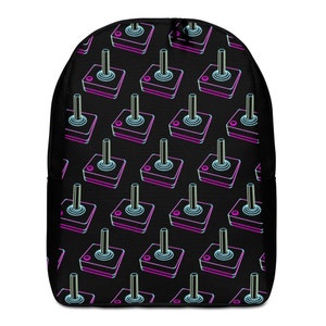 May include: Black backpack with a neon pink and blue joystick pattern. The joystick is a classic arcade style.