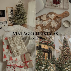 May include: A collection of vintage Christmas Lightroom presets. The image shows a Christmas tree, presents wrapped in festive paper, and a snowy scene with Christmas trees.
