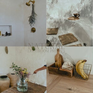 May include: A collection of natural Lightroom presets with the text "NATURAL LIGHTROOM PRESETS" in a white font on a brown background.