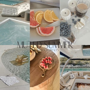 May include: A collage of summer-themed images, including a pool, a boat, fruit, and a table with a wooden cutting board. The text "MUTED SUMMER" and "LIGHTROOM PRESETS" is visible in the center of the image.