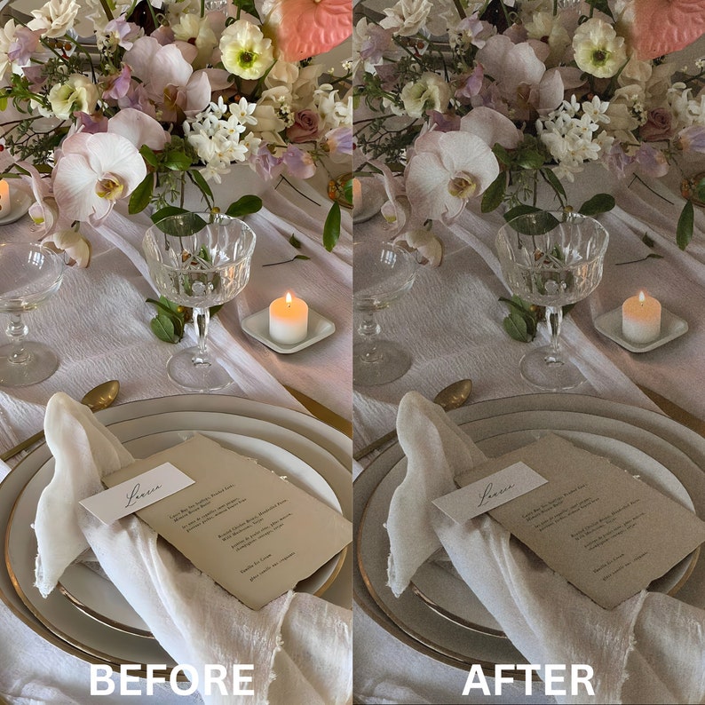 May include: A white table setting with a white tablecloth, two white plates, two gold forks, two white napkins, two clear glass candle holders with white candles, and a bouquet of pink and white flowers.