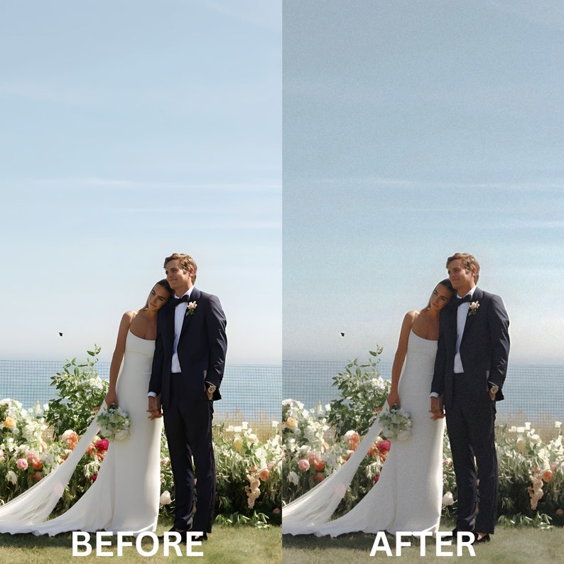 May include: A bride and groom stand together in front of a floral archway. The bride is wearing a white gown and the groom is wearing a black suit. They are both smiling and looking at each other.