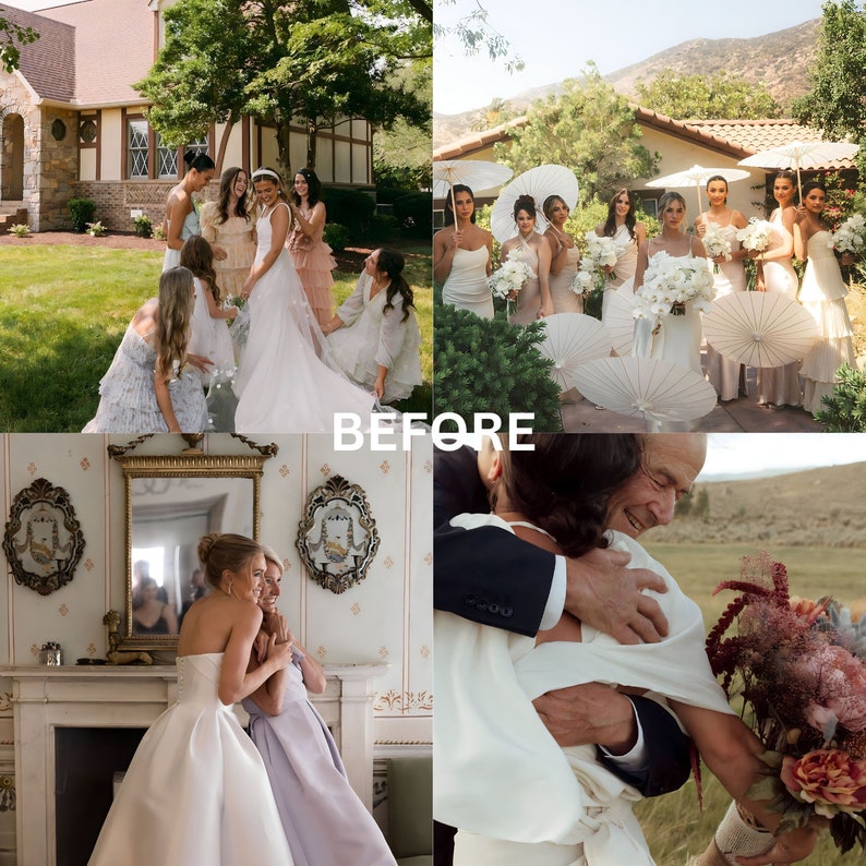 May include: A group of bridesmaids in white dresses with floral bouquets and white parasols stand in front of a building.  The bride and groom are embracing in a field with a bouquet of flowers.