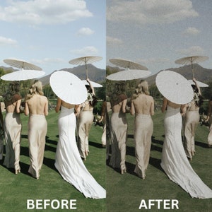 May include: A group of bridesmaids walking in a grassy field, wearing white and beige dresses. They are holding white parasols to shade themselves from the sun.